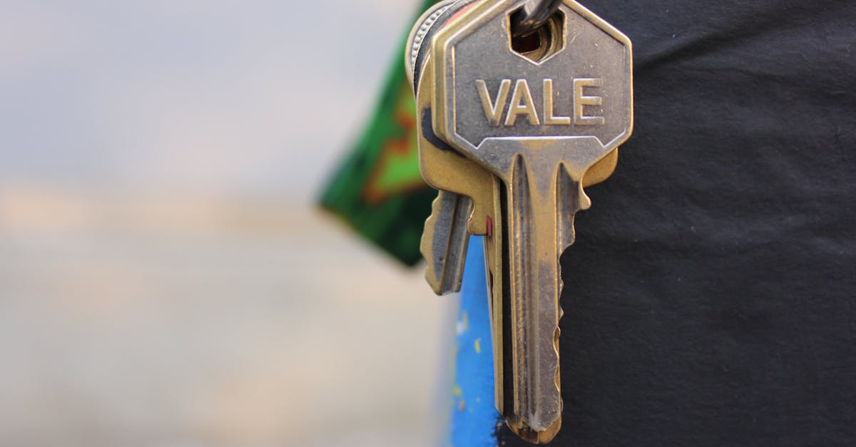 A detailed view of a metallic key with 'Vale' engraved on it, hanging against a blurred background.