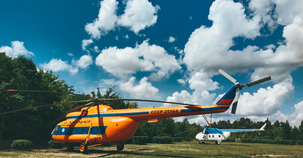 Two vintage helicopters on an airfield under a bright blue sky with clouds.