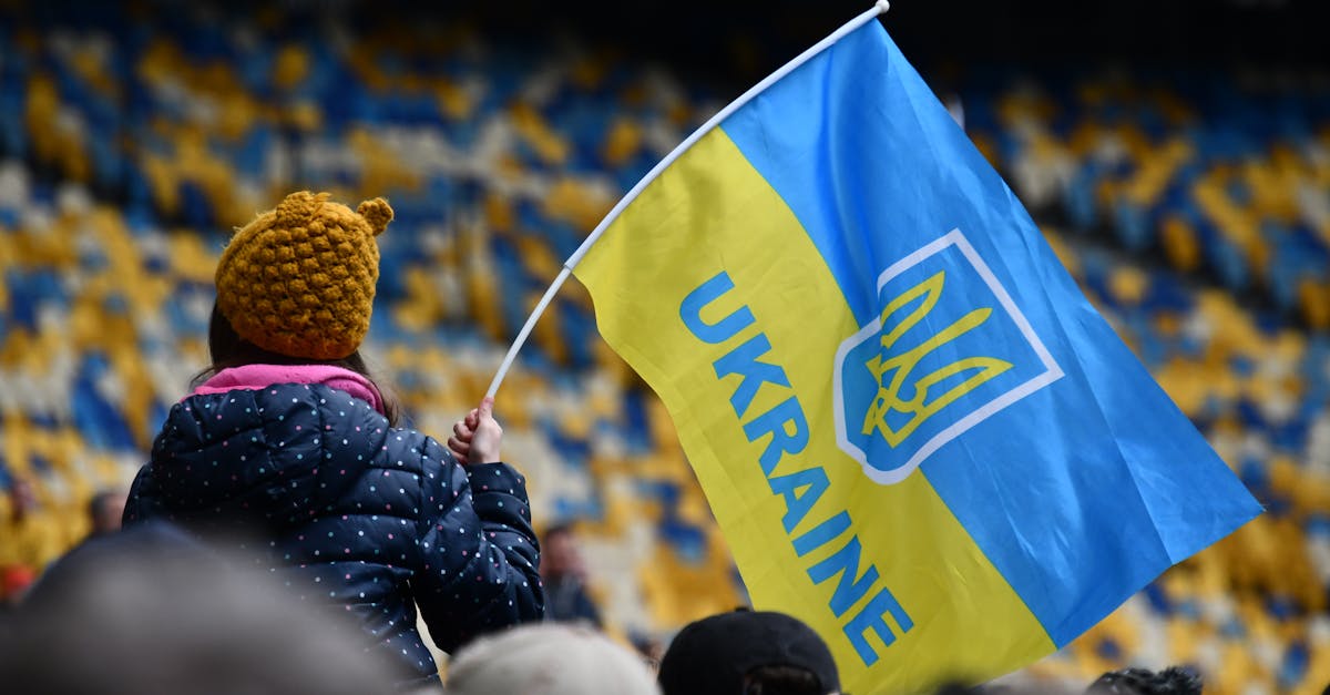 A child waving the Ukrainian flag in a stadium in Kiev, showcasing patriotism and unity.