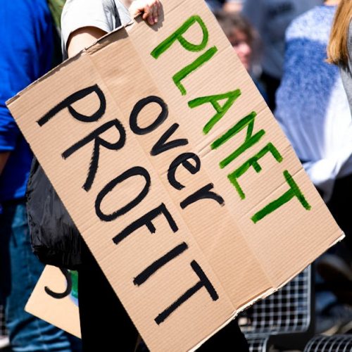 Youth climate protest with participants holding 'Planet Over Profit' sign.
