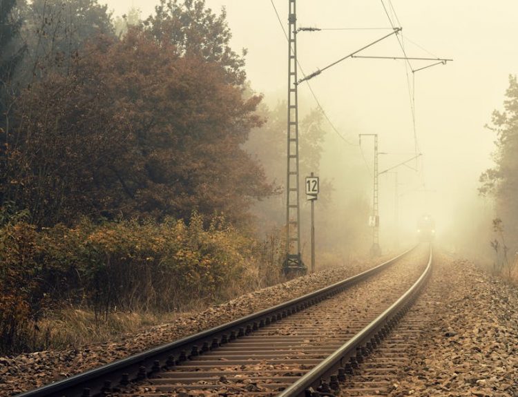 Foggy autumn scene of railway tracks disappearing into mist amidst colorful trees.