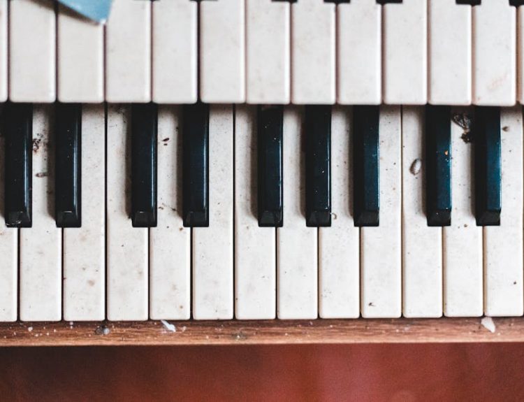 A detailed view of dusty, partially broken piano keys in an abandoned indoor setting, depicting decay.