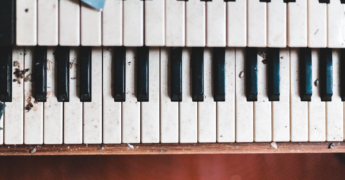 A detailed view of dusty, partially broken piano keys in an abandoned indoor setting, depicting decay.