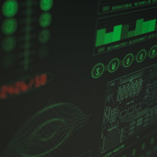 Close-up view of a computer displaying cybersecurity and data protection interfaces in green tones.