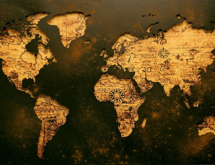 A detailed vintage map showcasing global geography with an old paper texture.