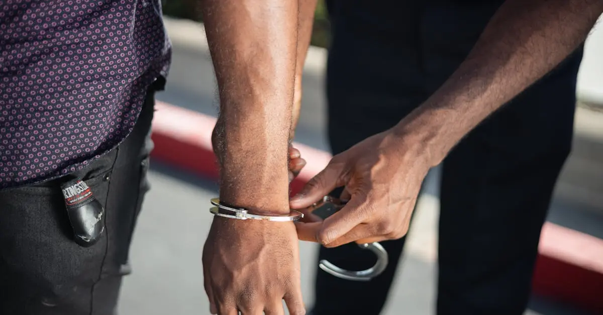 Close-up of a police officer handcuffing a suspect outdoors, enforcing law.