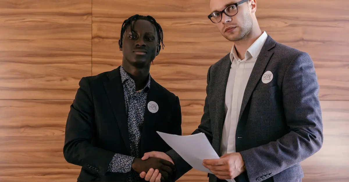Two men in business attire shaking hands with agreement, promoting voting indoors.